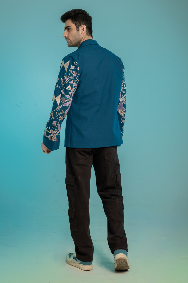 Savio — Sea Blue Thread Embroidered 4-Way Stretch Shacket