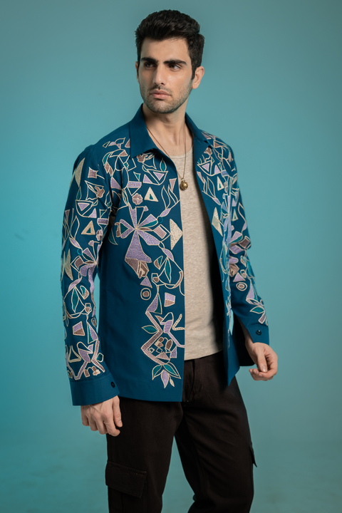 Savio — Sea Blue Thread Embroidered 4-Way Stretch Shacket