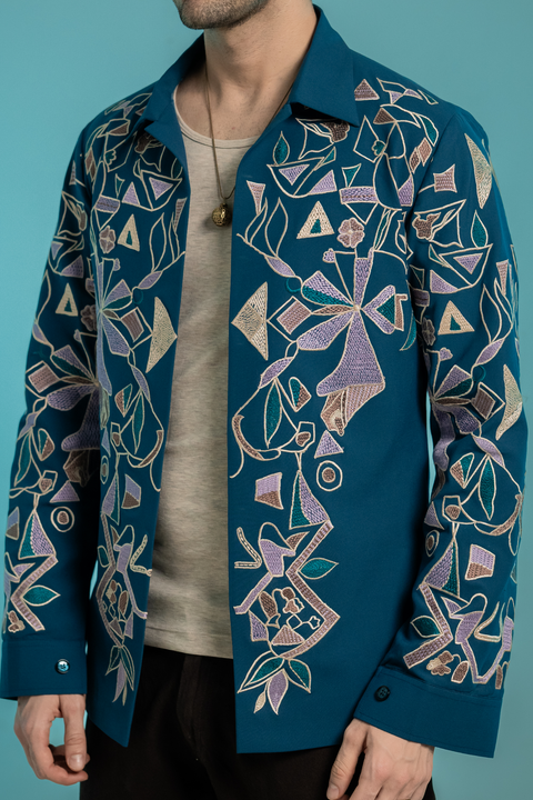 Savio — Sea Blue Thread Embroidered 4-Way Stretch Shacket