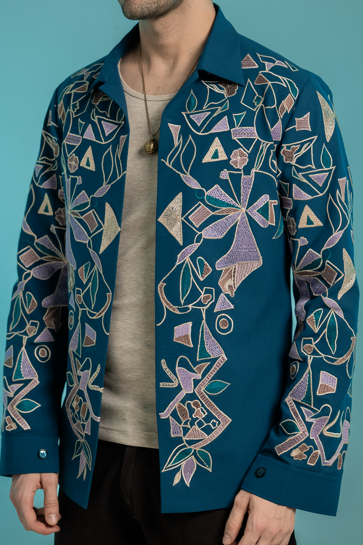 Savio — Sea Blue Thread Embroidered 4-Way Stretch Shacket