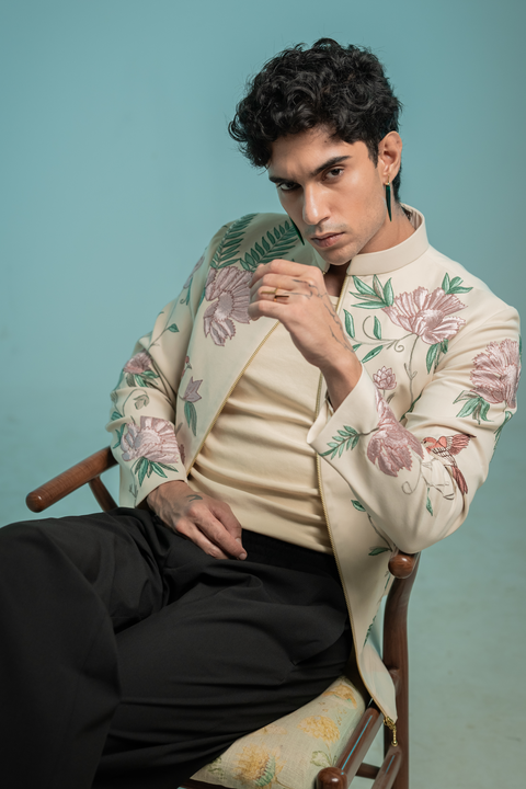 Aurelle — Beige Hand Embroidered British Fabric Shacket