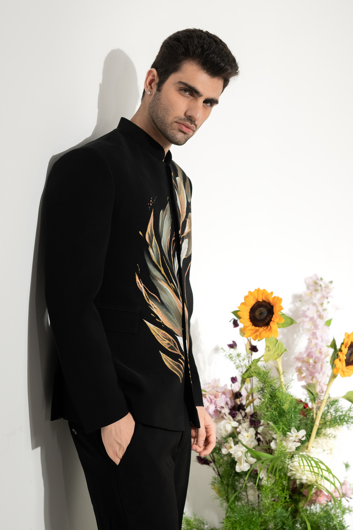 Brushline — Black Hand Painted Armani Fabric Bandhgala