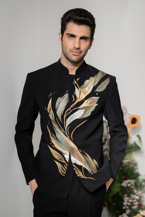 Brushline — Black Hand Painted Armani Fabric Bandhgala