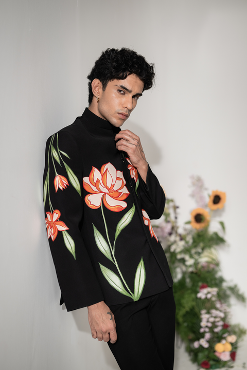 Liora — Black Embroidered Armani Fabric Bandhgala