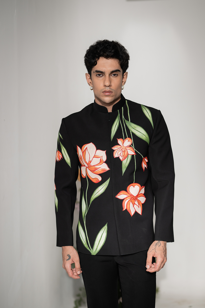 Liora — Black Embroidered Armani Fabric Bandhgala