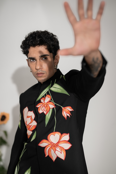 Liora — Black Embroidered Armani Fabric Bandhgala
