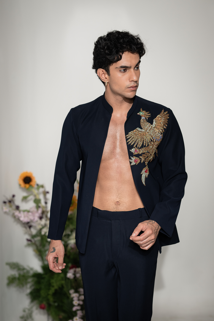 Phoenix — Navy Hand Embroidered Armani Fabric Shacket