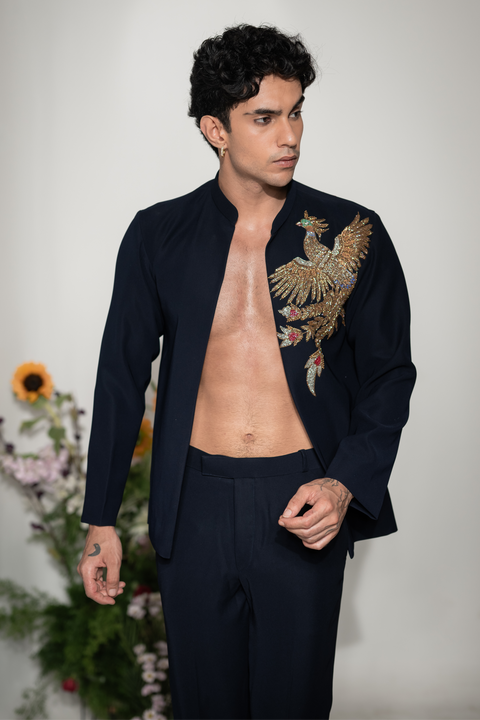 Phoenix — Navy Hand Embroidered Armani Fabric Shacket