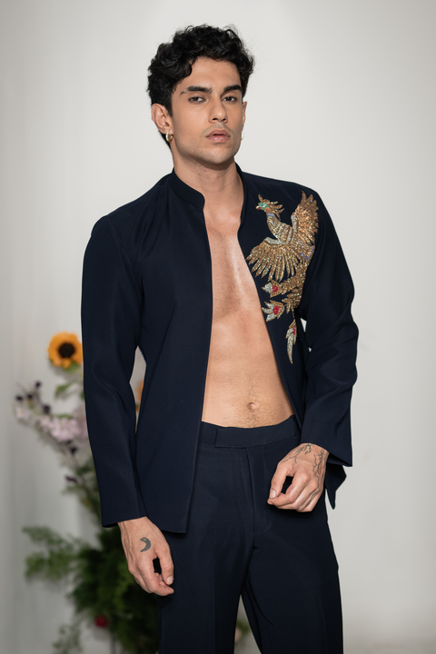 Phoenix — Navy Hand Embroidered Armani Fabric Shacket