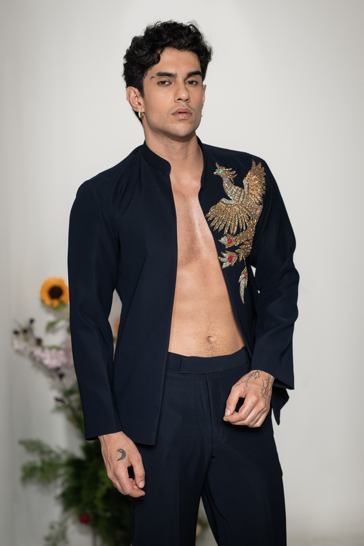 Phoenix — Navy Hand Embroidered Armani Fabric Shacket