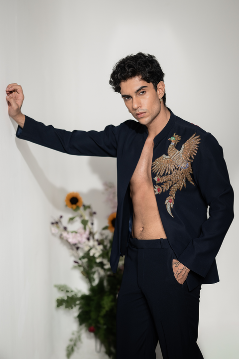 Phoenix — Navy Hand Embroidered Armani Fabric Shacket