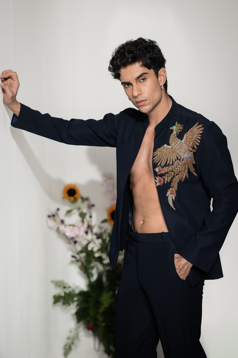 Phoenix — Navy Hand Embroidered Armani Fabric Shacket