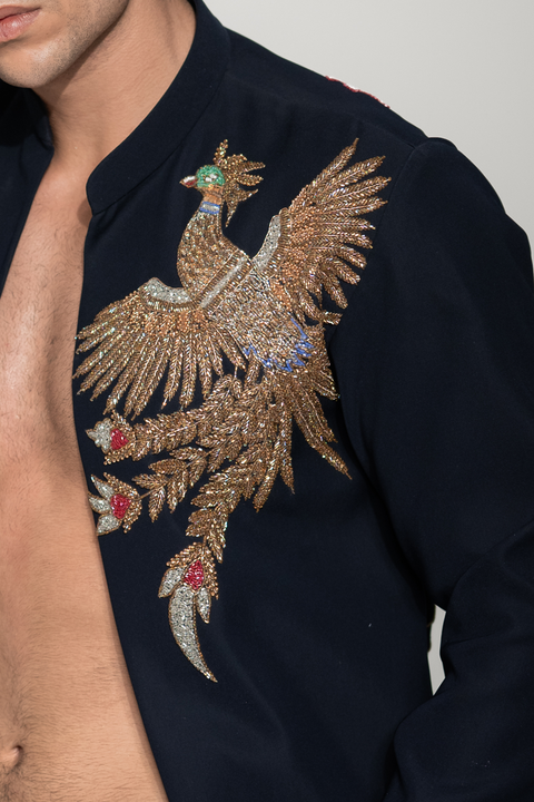 Phoenix — Navy Hand Embroidered Armani Fabric Shacket