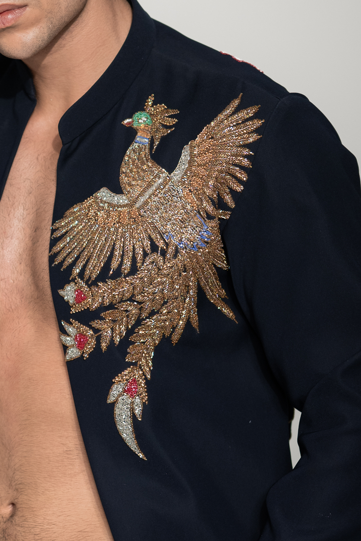 Phoenix — Navy Hand Embroidered Armani Fabric Shacket