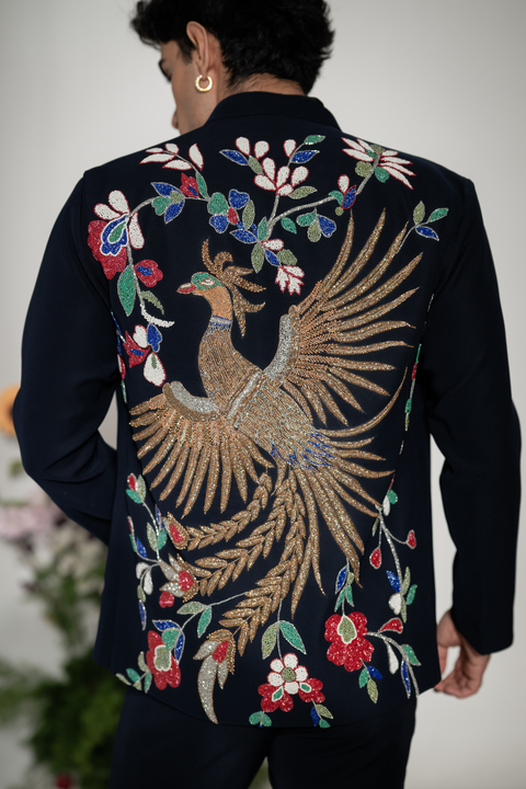 Phoenix — Navy Hand Embroidered Armani Fabric Shacket