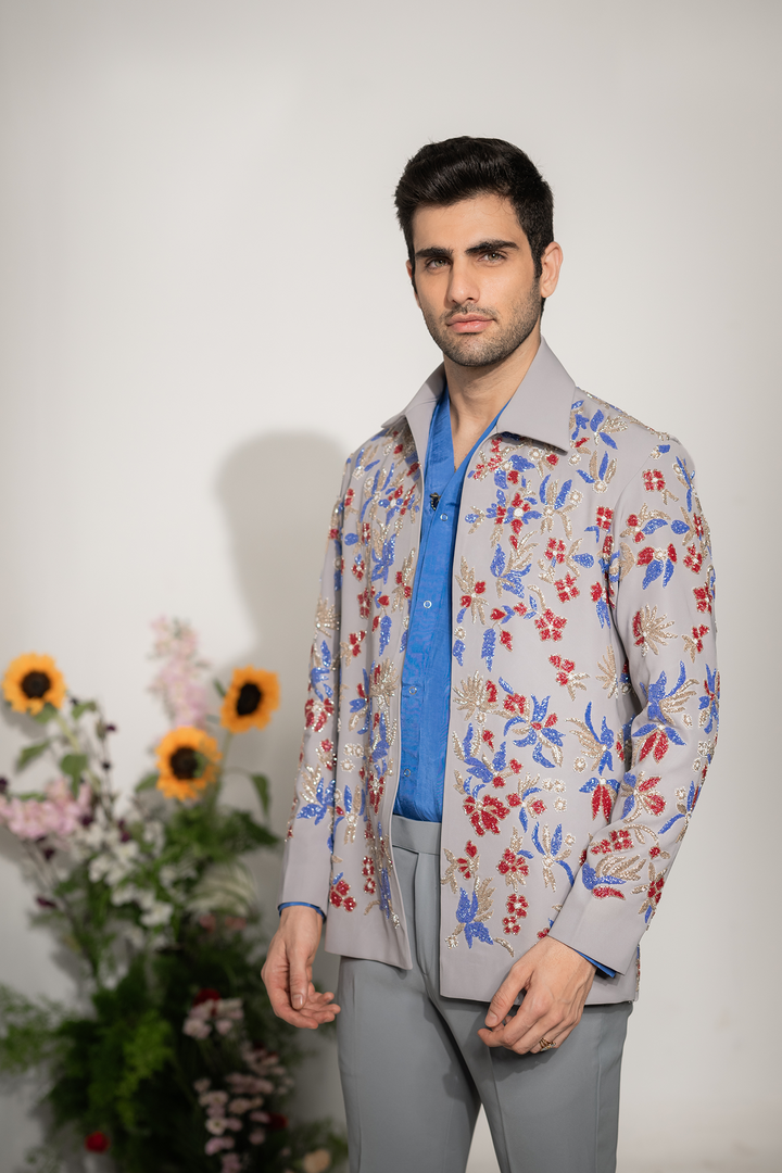 Fleur — Grey Hand Embroidered Armani Fabric Shacket