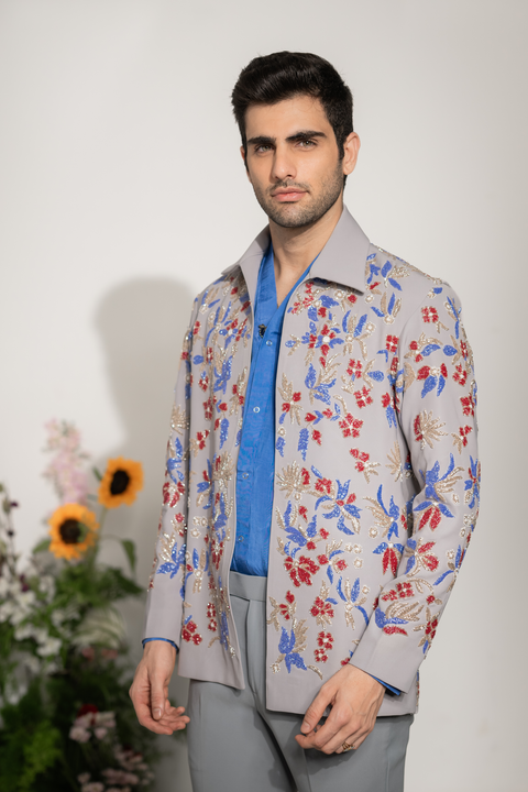 Fleur — Grey Hand Embroidered Armani Fabric Shacket