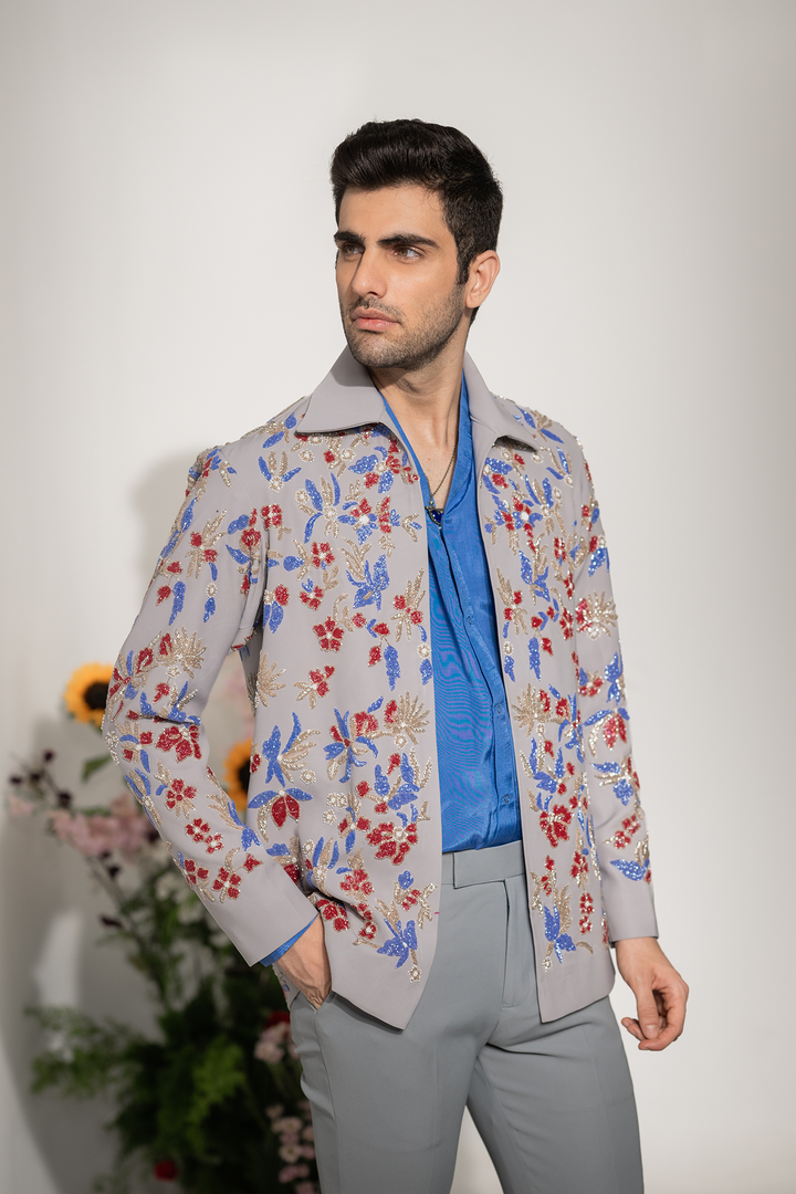 Fleur — Grey Hand Embroidered Armani Fabric Shacket
