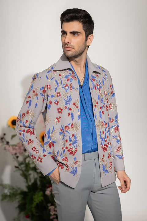 Fleur — Grey Hand Embroidered Armani Fabric Shacket