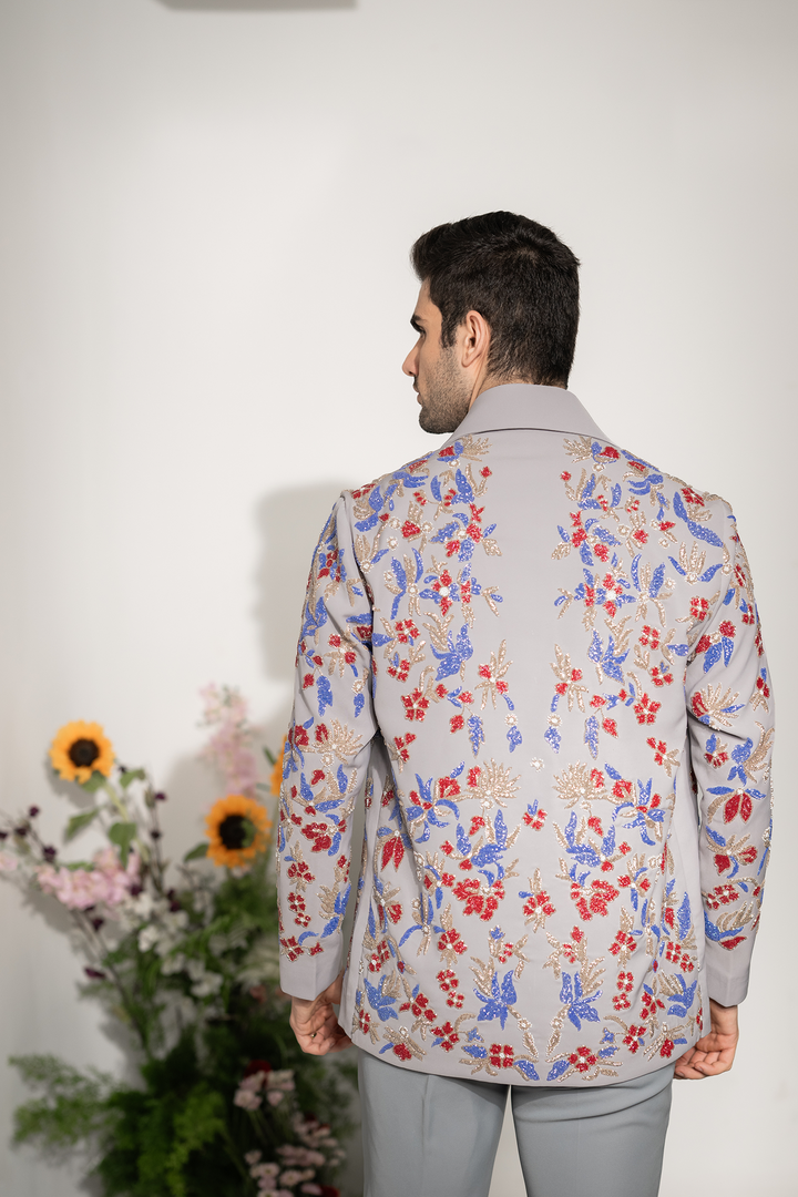 Fleur — Grey Hand Embroidered Armani Fabric Shacket