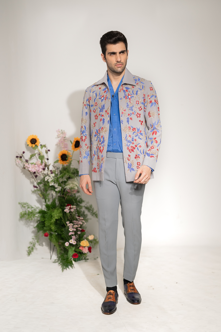 Fleur — Grey Hand Embroidered Armani Fabric Shacket