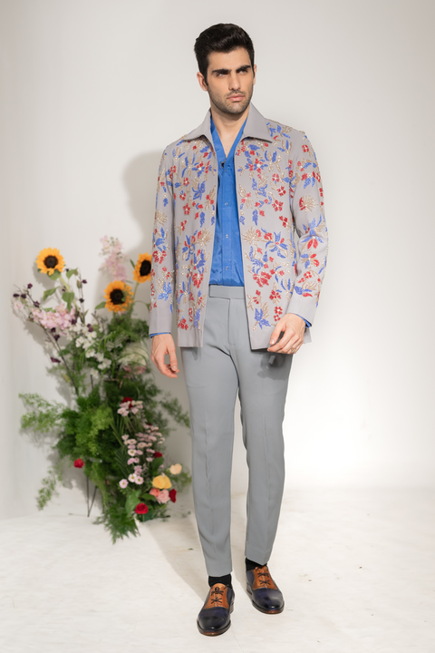 Fleur — Grey Hand Embroidered Armani Fabric Shacket