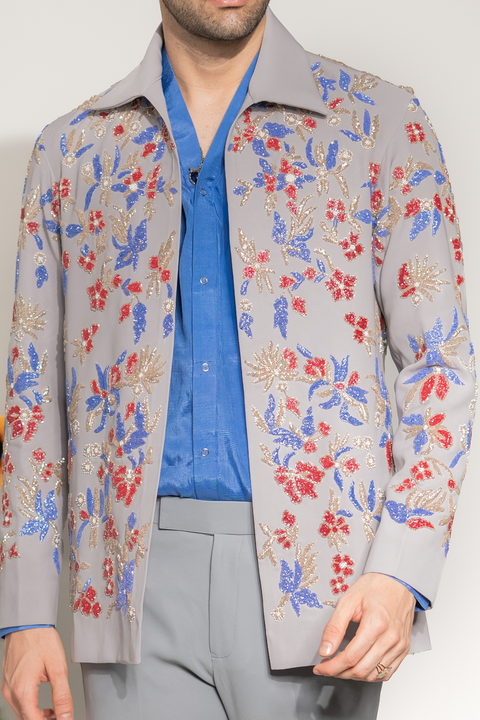 Fleur — Grey Hand Embroidered Armani Fabric Shacket