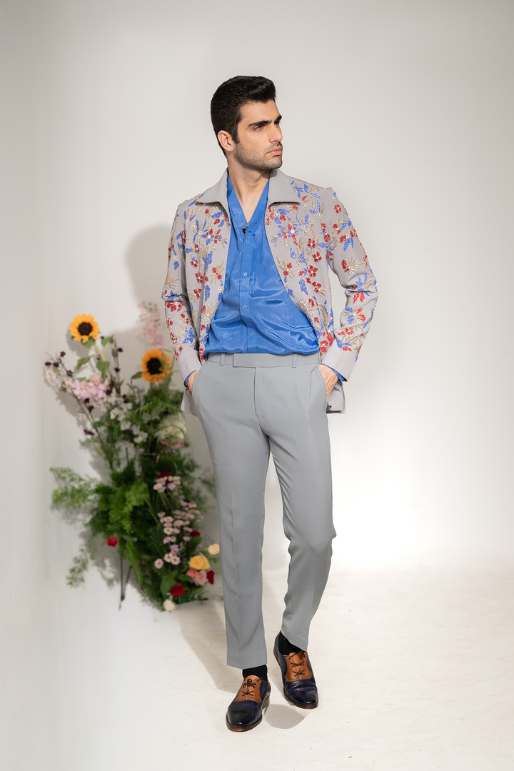 Fleur — Grey Hand Embroidered Armani Fabric Shacket