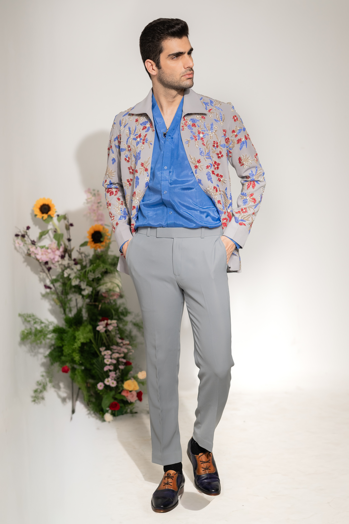 Fleur — Grey Hand Embroidered Armani Fabric Shacket