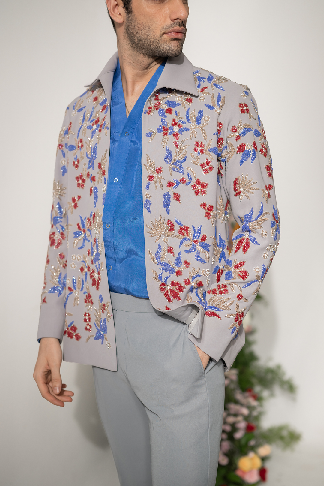 Fleur — Grey Hand Embroidered Armani Fabric Shacket