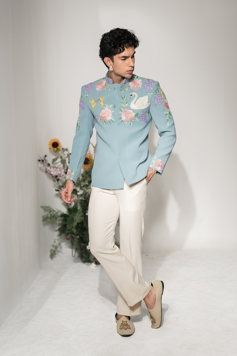 Swan Royale — Sea Blue Thread Embroidered Armani Fabric Indo-Western
