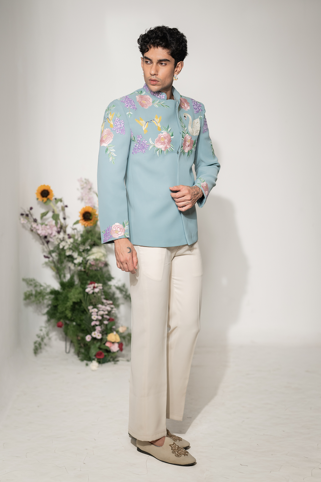 Swan Royale — Sea Blue Thread Embroidered Armani Fabric Indo-Western