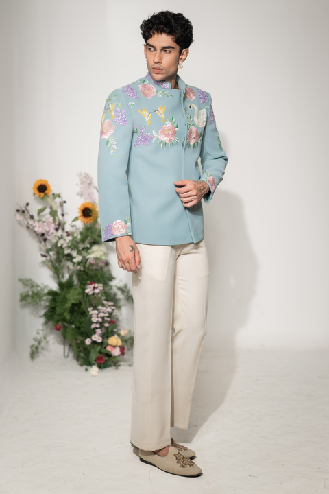 Swan Royale — Sea Blue Thread Embroidered Armani Fabric Bandhgala