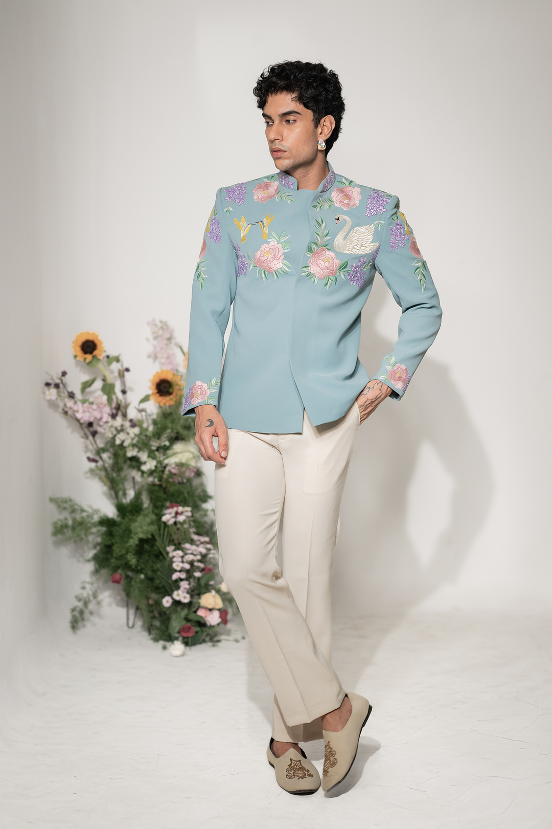 Swan Royale — Sea Blue Thread Embroidered Armani Fabric Indo-Western