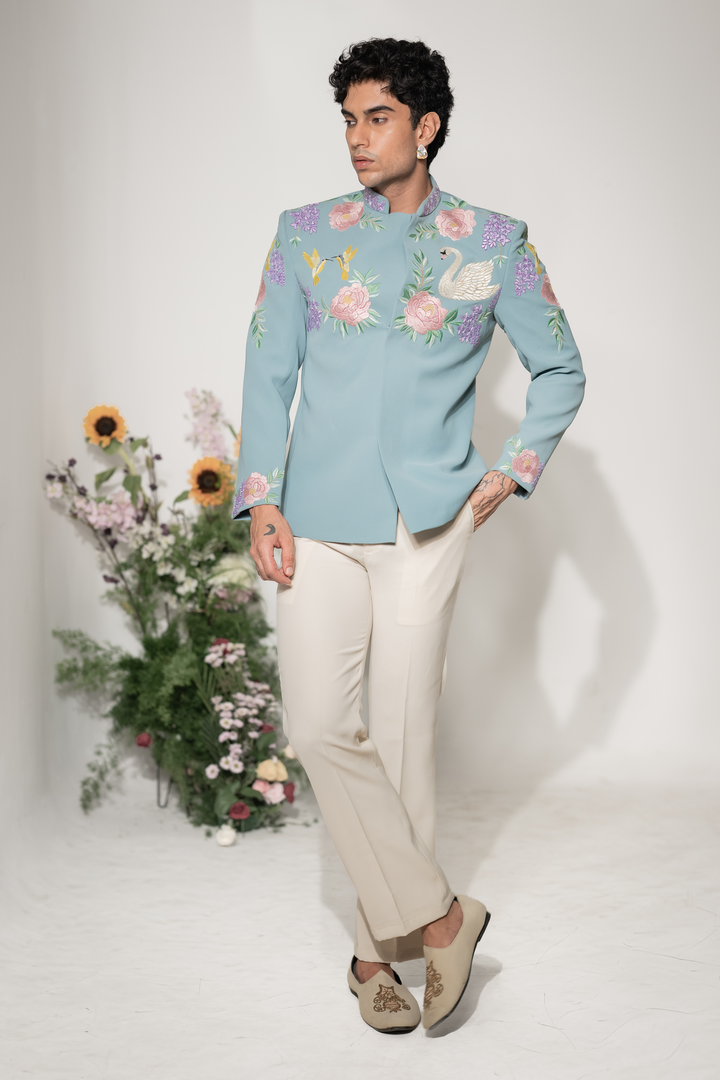 Swan Royale — Sea Blue Thread Embroidered Armani Fabric Bandhgala