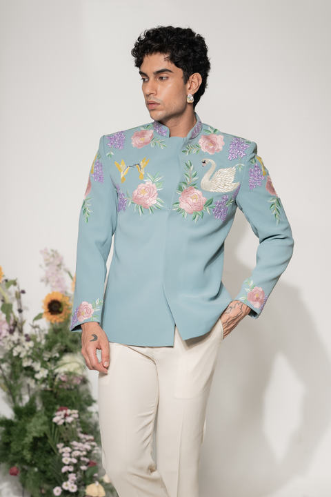 Swan Royale — Sea Blue Thread Embroidered Armani Fabric Bandhgala