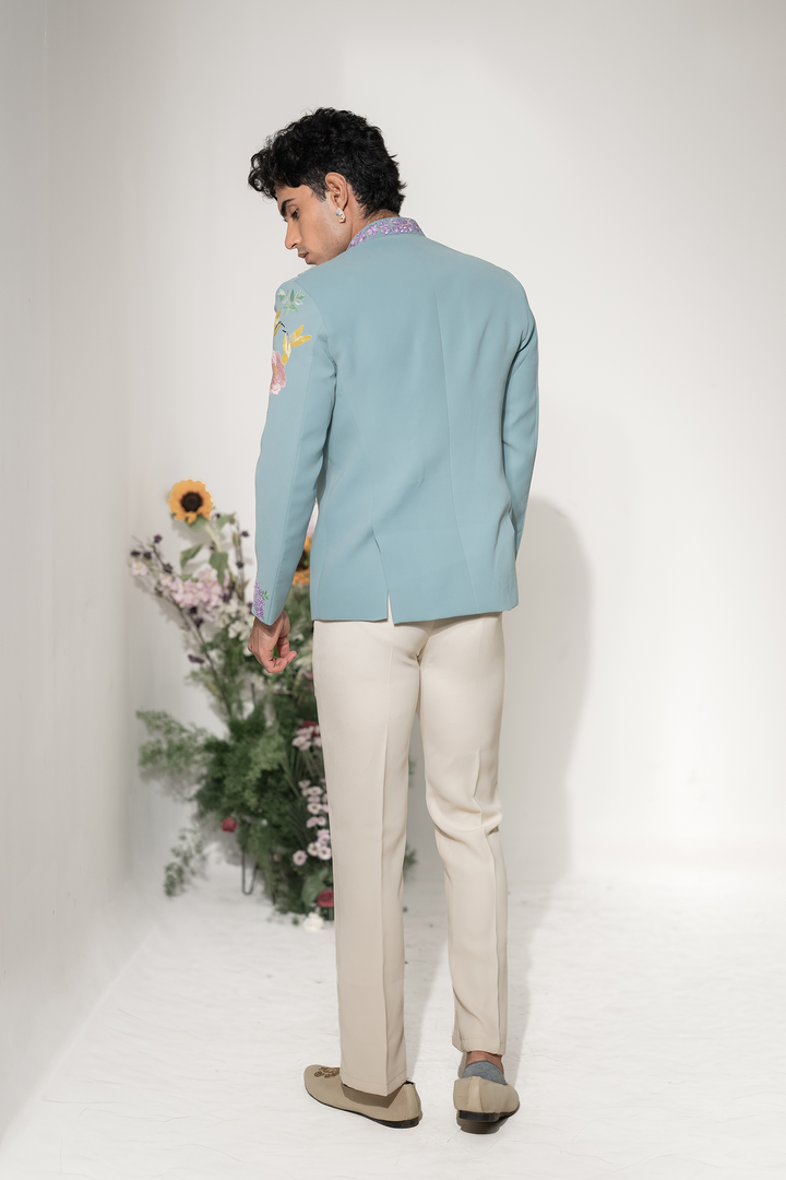 Swan Royale — Sea Blue Thread Embroidered Armani Fabric Indo-Western