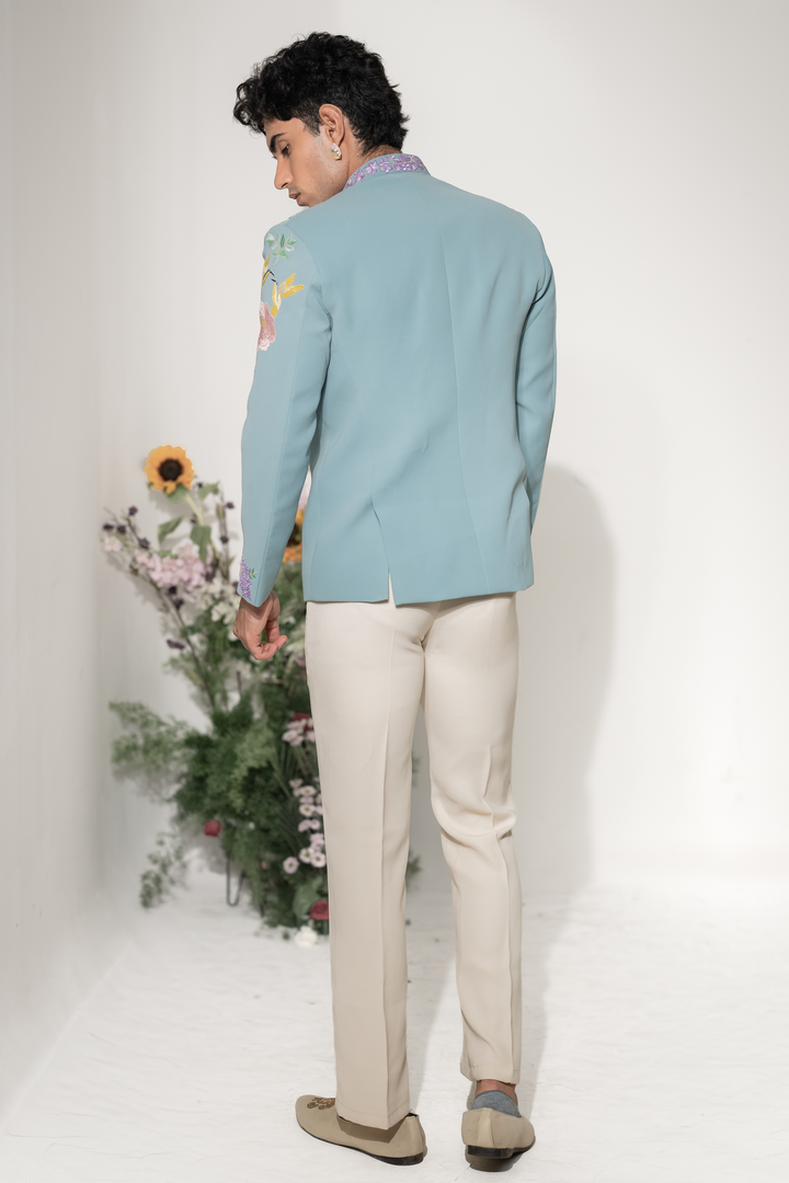 Swan Royale — Sea Blue Thread Embroidered Armani Fabric Bandhgala