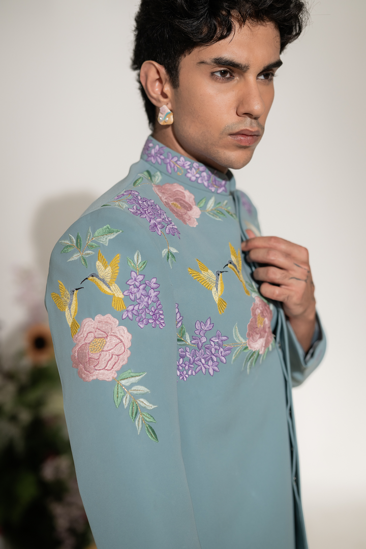 Swan Royale — Sea Blue Thread Embroidered Armani Fabric Indo-Western