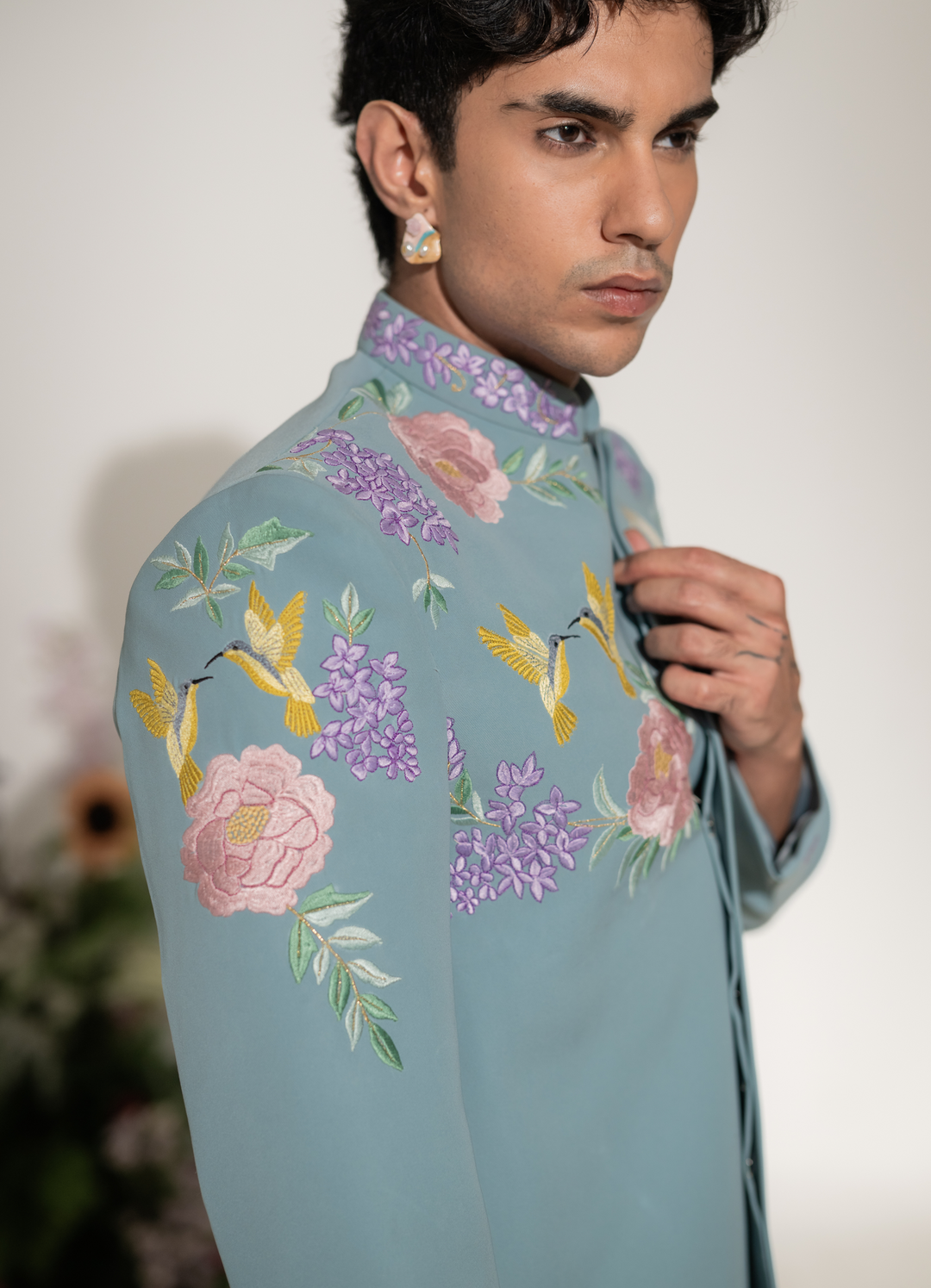 Swan Royale — Sea Blue Thread Embroidered Armani Fabric Bandhgala