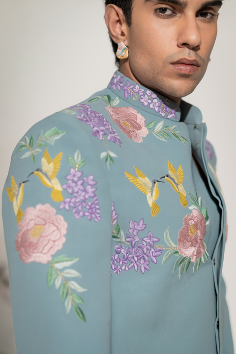 Swan Royale — Sea Blue Thread Embroidered Armani Fabric Indo-Western