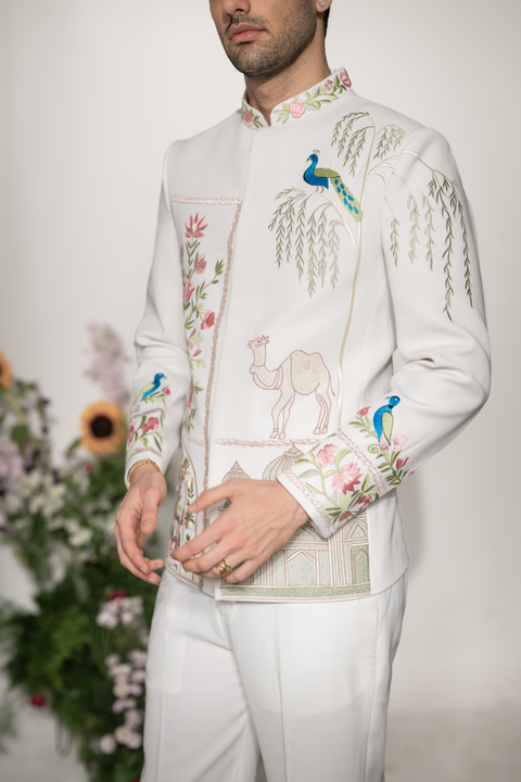Shehnaz — Ivory Thread Embroidered Armani Fabric Bandhgala