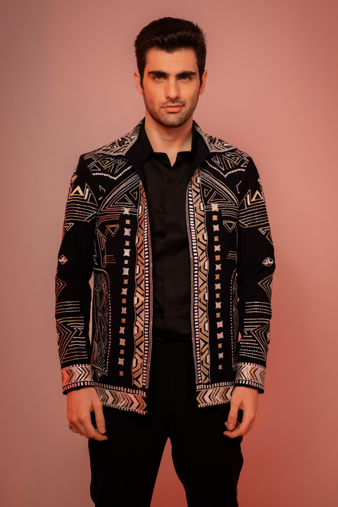 Alaric — Midnight Blue Thread Embroidered 4-Way Stretch Shacket