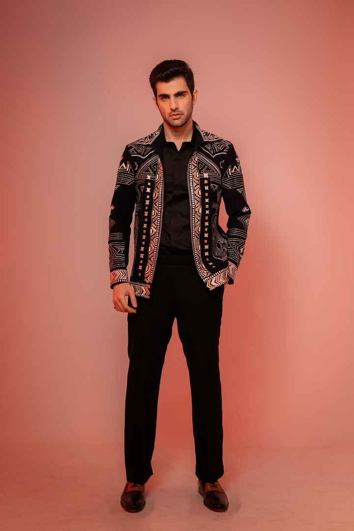 Alaric — Midnight Blue Thread Embroidered 4-Way Stretch Shacket