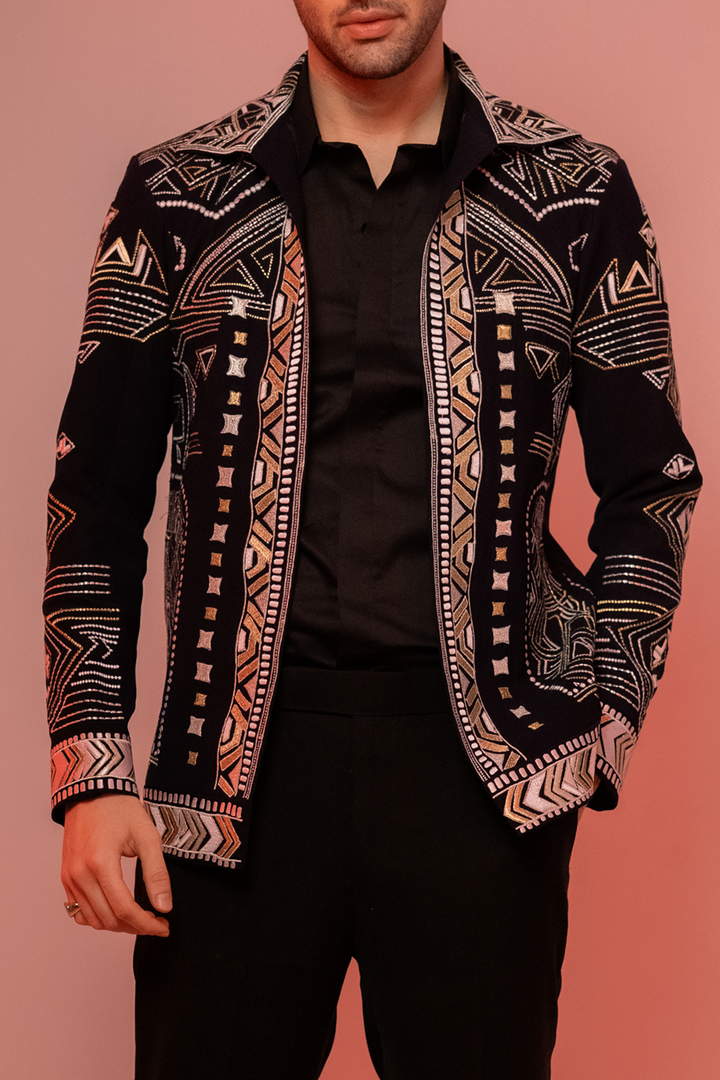Alaric — Midnight Blue Thread Embroidered 4-Way Stretch Shacket