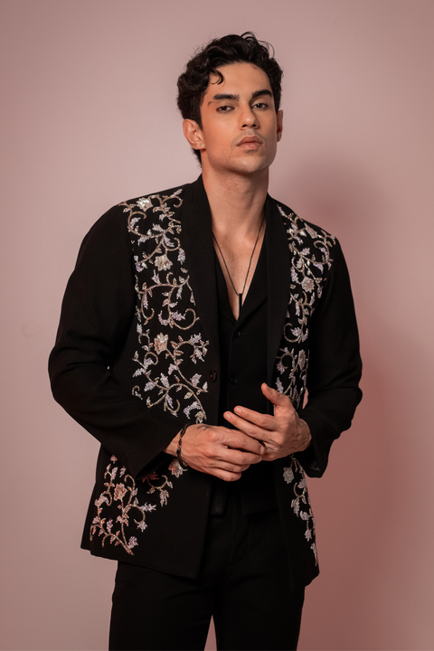 Cassian — Black Hand Embroidered Armani Fabric Shacket