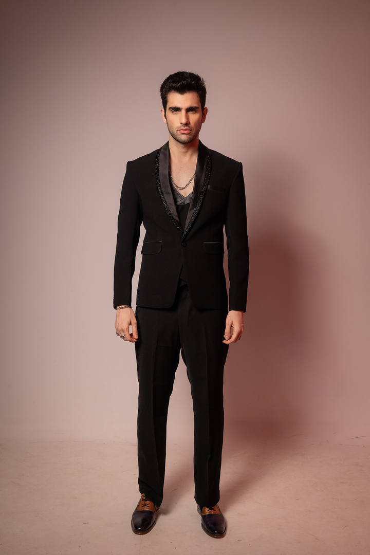 Shadow Luxe — Black Hand Embroidered Armani Fabric Blazer Set