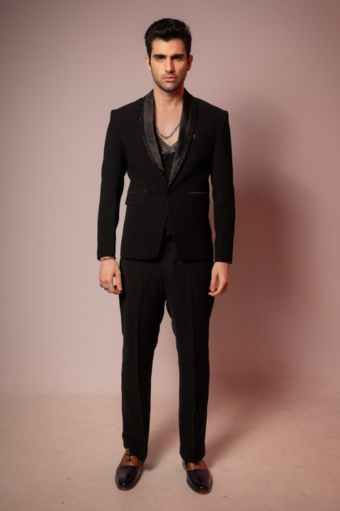 Shadow Luxe — Black Hand Embroidered Armani Fabric Blazer Set