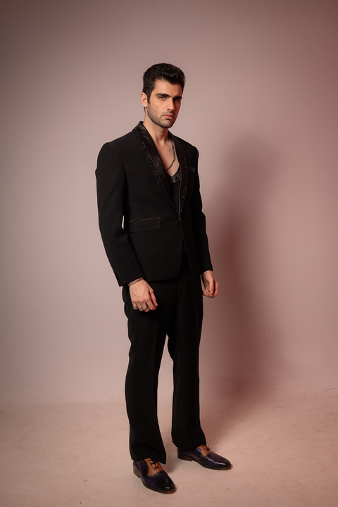 Shadow Luxe — Black Hand Embroidered Armani Fabric Blazer Set