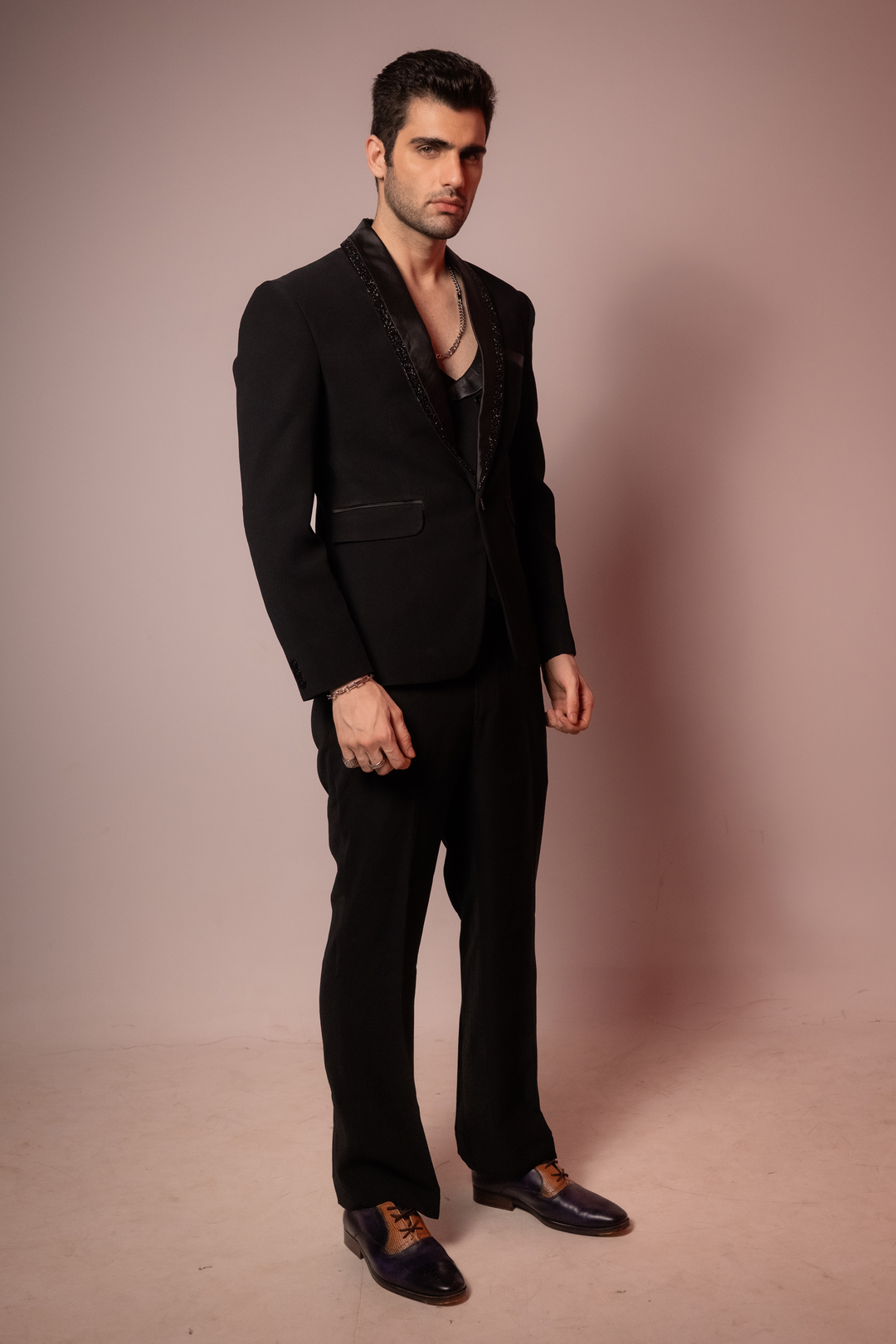 Shadow Luxe — Black Hand Embroidered Armani Fabric Blazer Set